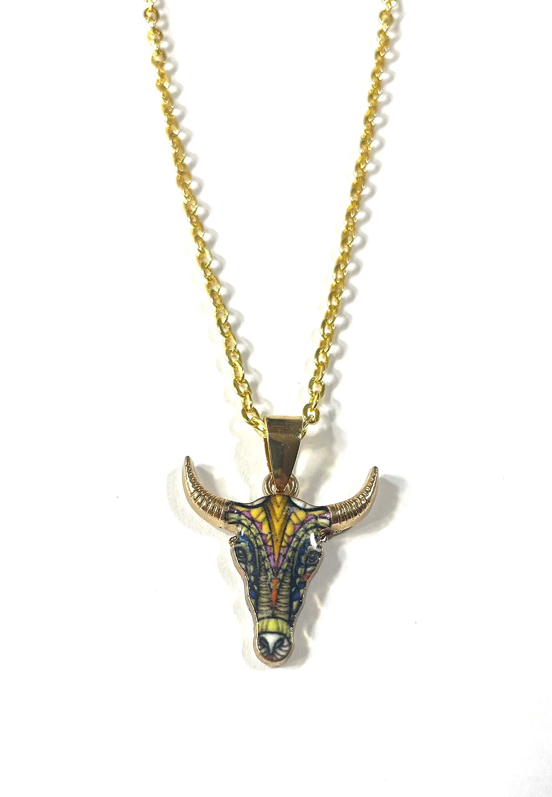 Gold Plated Longhorn Bull Skull Buffalo .75" Pendant, Multi Color Enamel, Gift Boxed