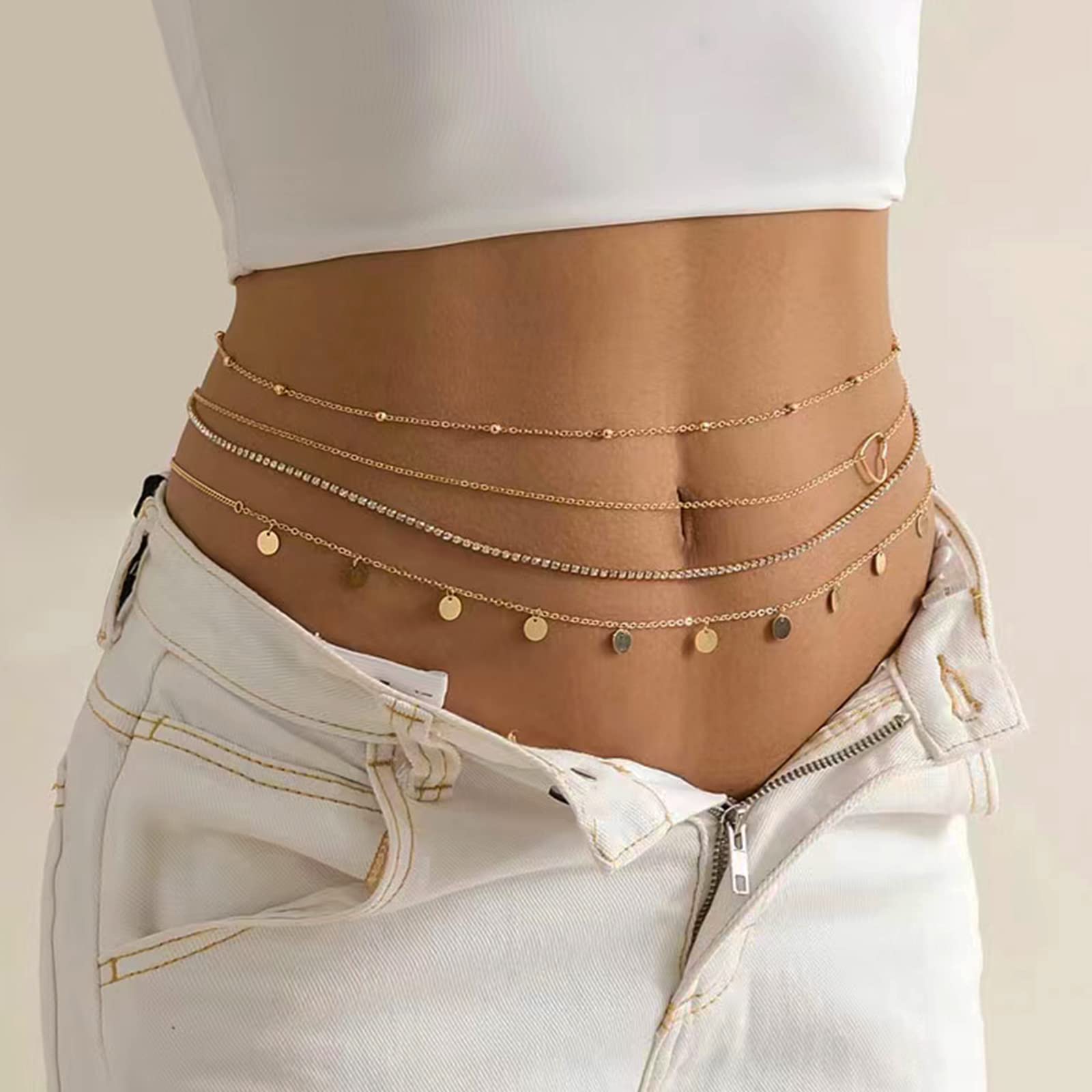 Waist Chains for Women Layered Bead Belly Chain Gold Body Chains Beach Body Jewelry for Teen Girls (C:style 3)