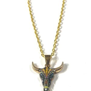 Gold Plated Longhorn Bull Skull Buffalo .75" Pendant, Multi Color Enamel, Gift Boxed