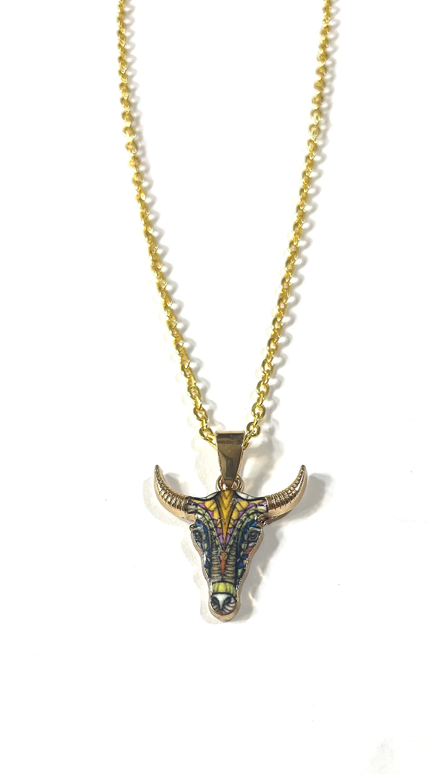 Gold Plated Longhorn Bull Skull Buffalo .75" Pendant, Multi Color Enamel, Gift Boxed