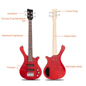 Ktaxon 4 String Electric Bass Guitar, 36-inch Bass Guitar Kit with Split single-coil Pickup, Rosewood Fretboard, Mahogany Body for Kids, Boy and Girl(Red)