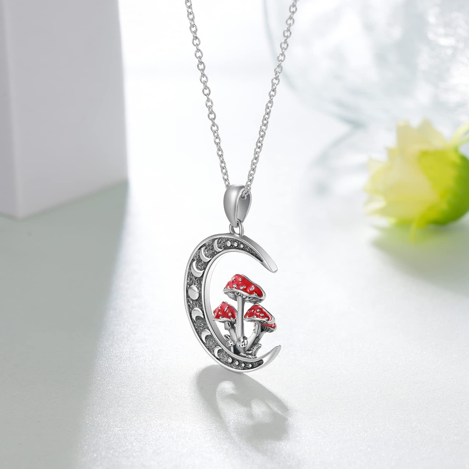 SVODEA Moon Mushroom Necklace for Women,925 Sterling Silver Magical Red Mushroom Pendant Moon Phase Necklaces,Anniversary Birthday Gifts for Women Mom,18''-20''