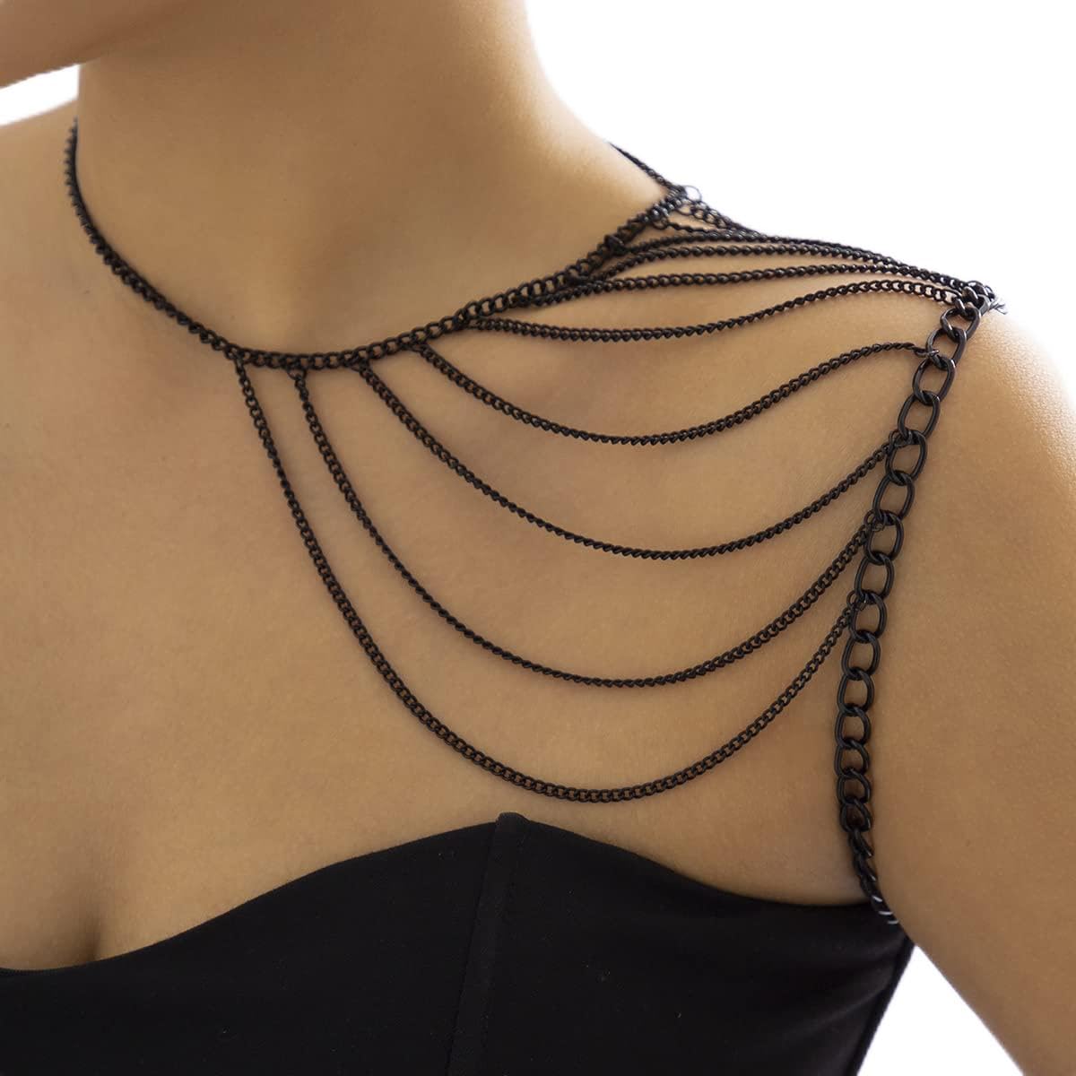 Missgrace Boho Sexy Black Shoulder Chain Layering Tassels Link Harness Necklace Black Shoulder Harness Chain Wrap Accessories Summer Beach Body Jewelry for Women