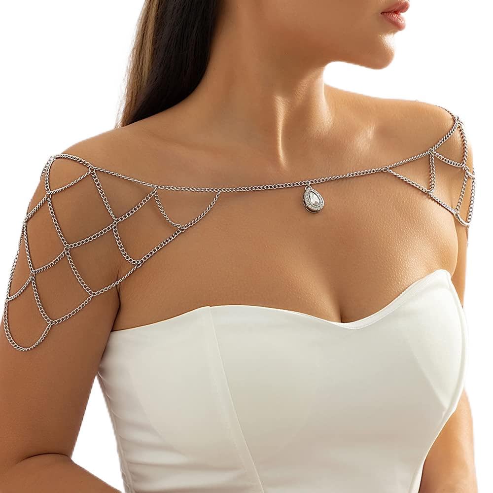 Missgrace Boho Sexy Rhinestones Shiny Bra Body Chain Jewelry Silver Dainty Body Jewelry Layered Bikini Shoulder Chain Wedding Party Nightclub Body Accessories Jewelry for Women Bride