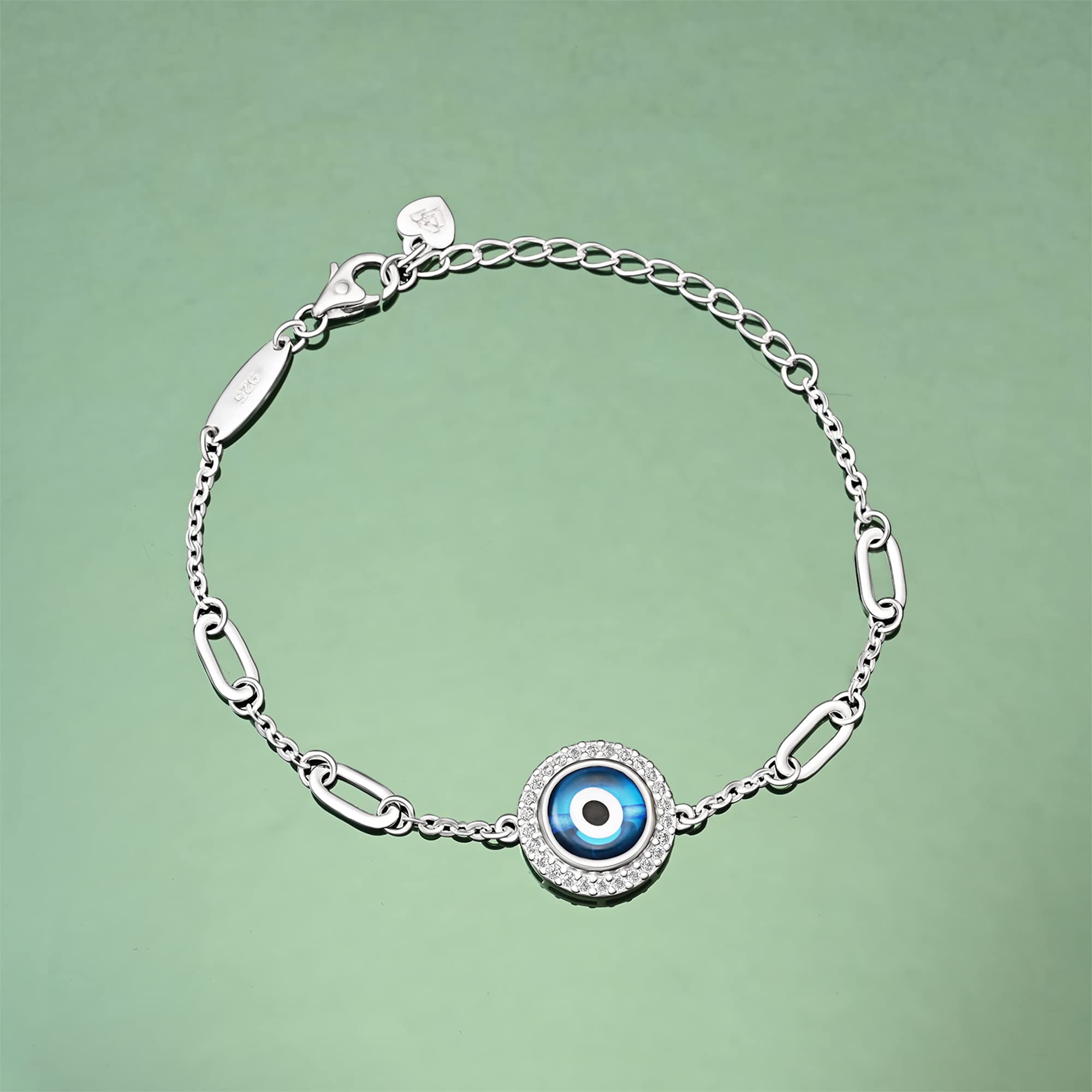 ELEGANZIA Greek Evil Eye Bracelet Turkey Sterling Silver, CZ Third Eye Bracelet for Women Men, Link Bracelet Amulet for Teen Adjustable 6.5" - 8"