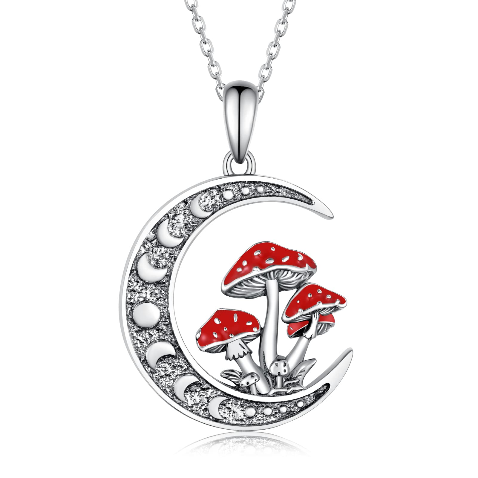 SVODEA Moon Mushroom Necklace for Women,925 Sterling Silver Magical Red Mushroom Pendant Moon Phase Necklaces,Anniversary Birthday Gifts for Women Mom,18''-20''