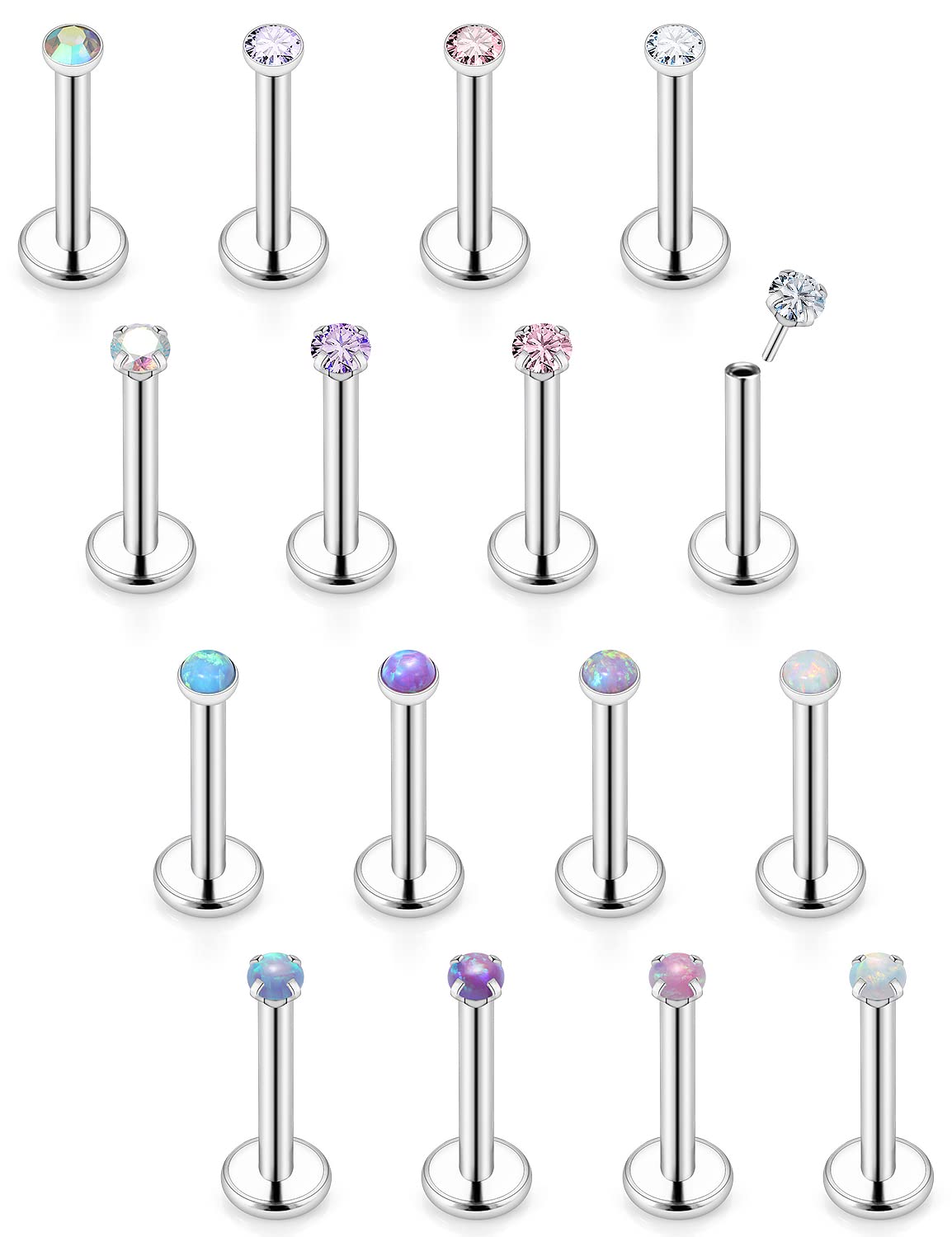 20G Threadless Push in Lip Rings Stainless Steel Labret Jewelry Monroe Lip Rings Nail Cartilage Tragus Helix Earrings Studs Nose Ring Medusa Piercing Jewelry For Women Men 6MM 20 Gauge 2MM Opal CZ