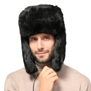 Men Women Faux Fur Trapper Hat Winter Thick Furry Ushanka Russian Hat Earflap Cap Windproof Thermal Cycling Camping Skiing Cap Hunting Hat with Ear Flap