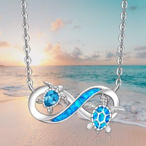 Turtle Necklace for Women Sterling Silver Tortoise 2 Infinity Blue Opal Sea Turtle Pendant Mother and Daughter Necklaces Ocean Inspirational I Llike Turtles Jewelry Birthday Gifts