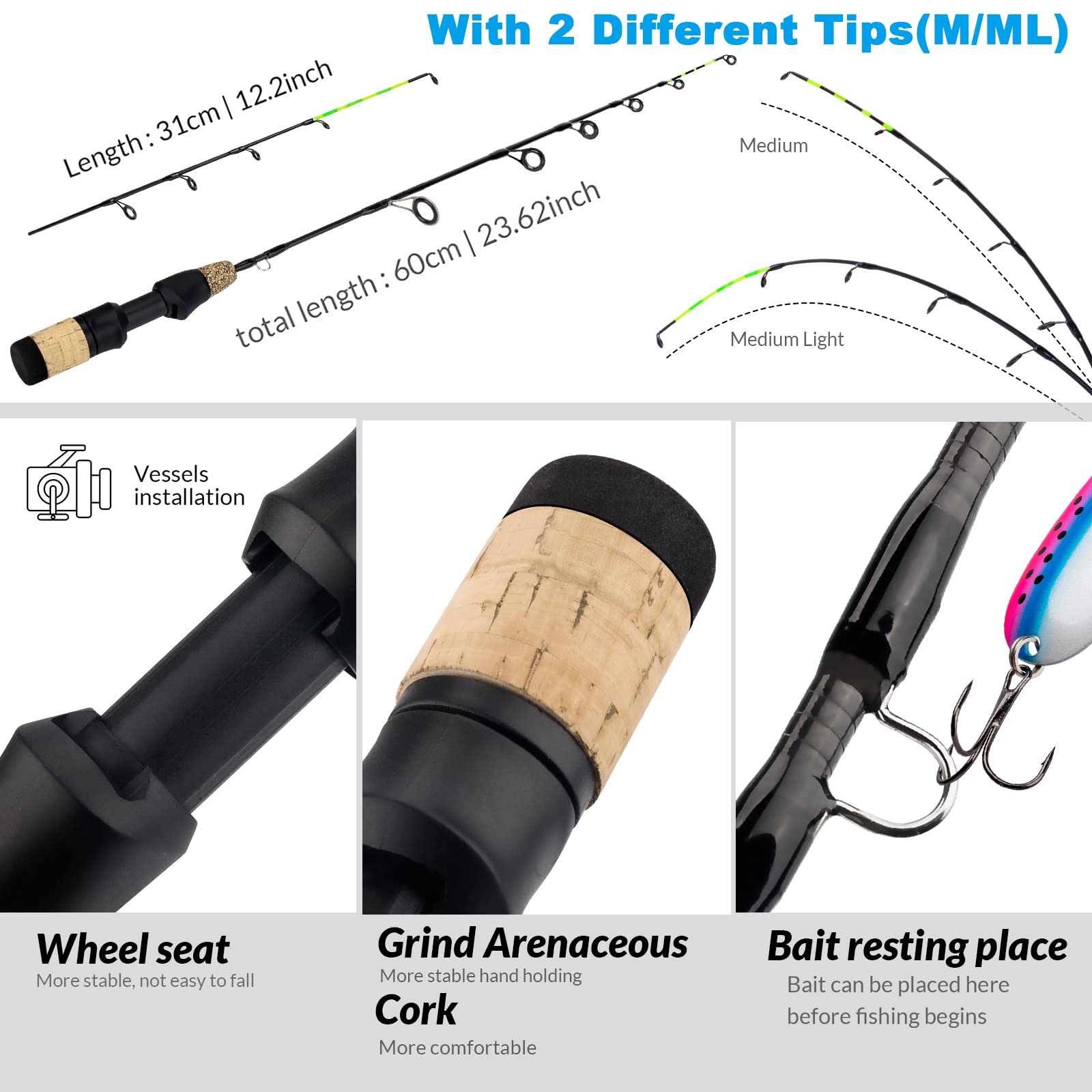 QualyQualy Ice Fishing Rod Reel Combo Complete Set Ice Fishing Gear with Backpack Seat Ice Cleats Ice Fishing Jigs Line Full Ice Fishing Kit