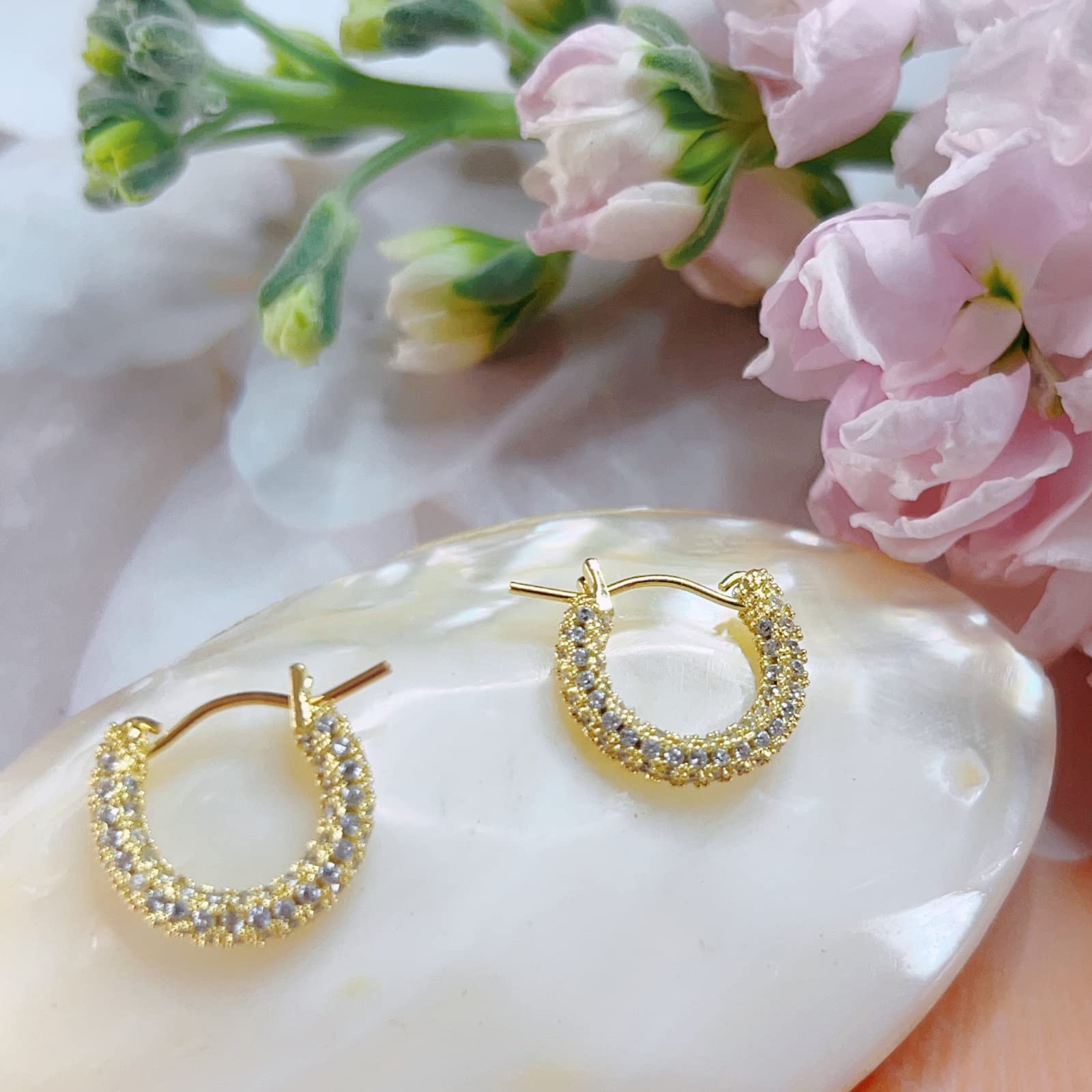 CZ Gold Hoop Earrings, 14K Real Gold Plated Small Hoop Earrings Sparkly Rhinestone Hoop Earrings, Dainty Gold Huggie Hoop Earrings Gift for Women