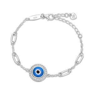 ELEGANZIA Greek Evil Eye Bracelet Turkey Sterling Silver, CZ Third Eye Bracelet for Women Men, Link Bracelet Amulet for Teen Adjustable 6.5" - 8"