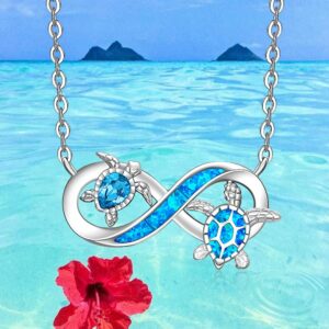 Turtle Necklace for Women Sterling Silver Tortoise 2 Infinity Blue Opal Sea Turtle Pendant Mother and Daughter Necklaces Ocean Inspirational I Llike Turtles Jewelry Birthday Gifts