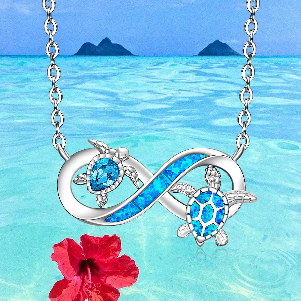 Turtle Necklace for Women Sterling Silver Tortoise 2 Infinity Blue Opal Sea Turtle Pendant Mother and Daughter Necklaces Ocean Inspirational I Llike Turtles Jewelry Birthday Gifts