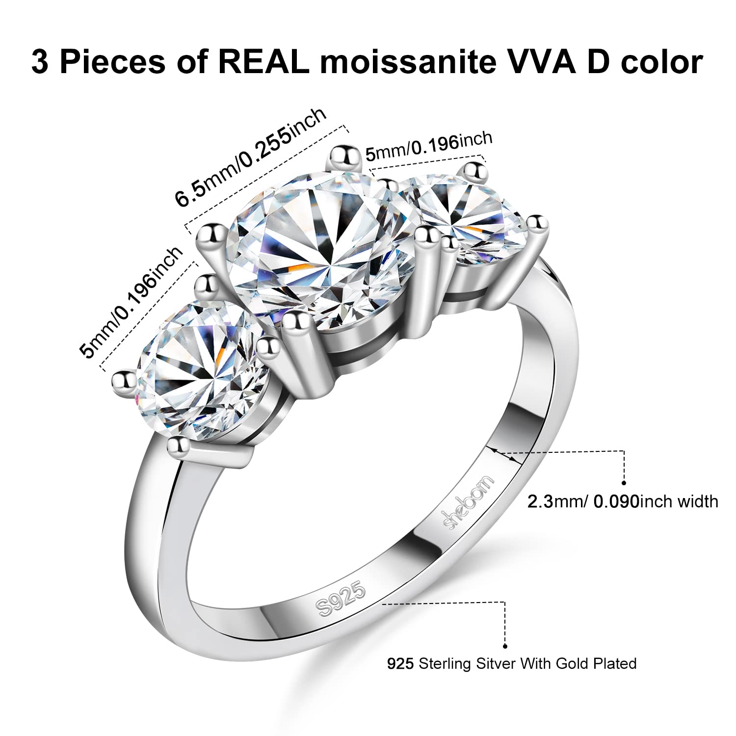 sheborn 2ct Moissanite Rings for Women 3 Stone Wedding Band Travel Engagement Ring 925 Sterling Silver 18K White Gold Plated D Color 2 Carat Anniversary/Wedding/Promise Jewelry for Her