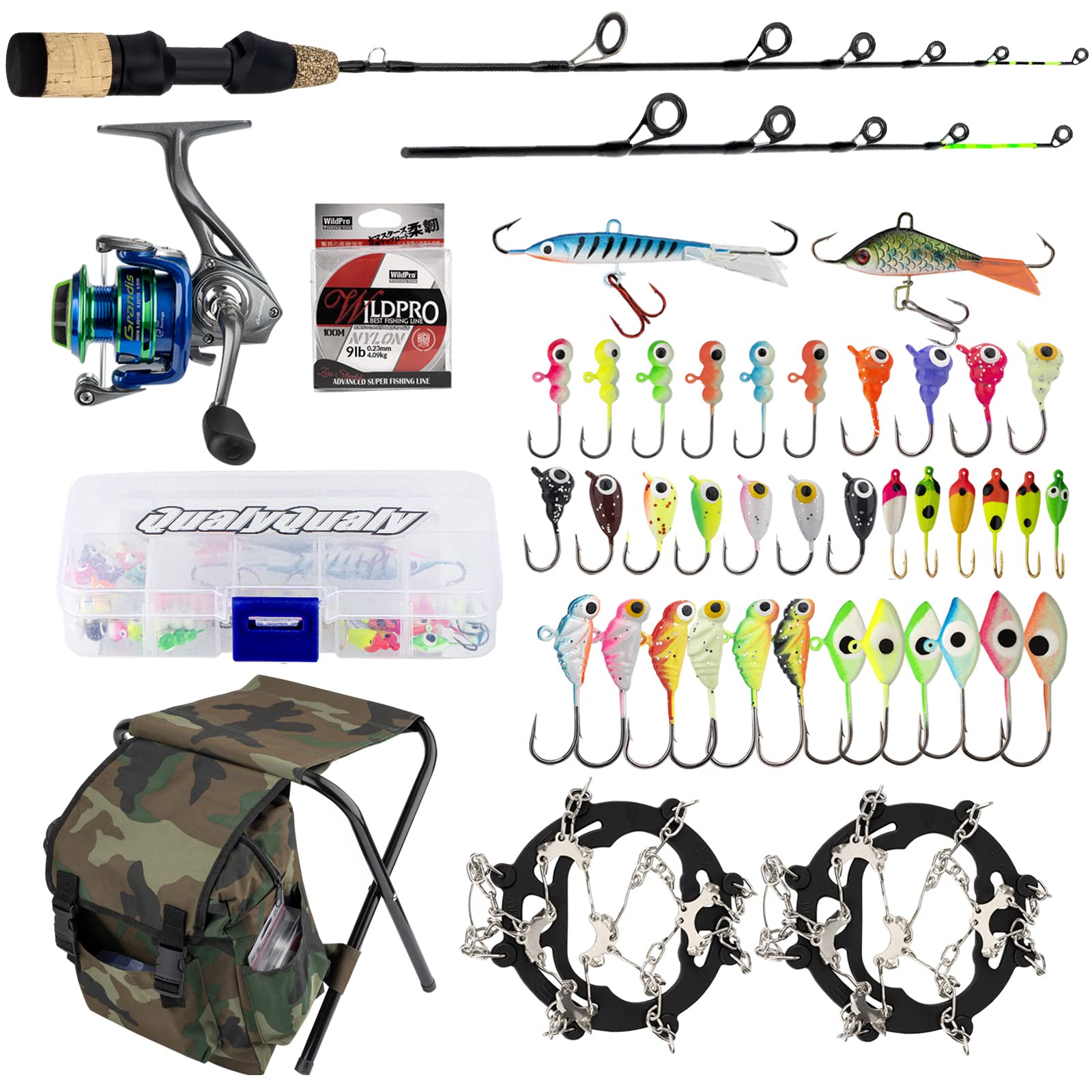 QualyQualy Ice Fishing Rod Reel Combo Complete Set Ice Fishing Gear with Backpack Seat Ice Cleats Ice Fishing Jigs Line Full Ice Fishing Kit