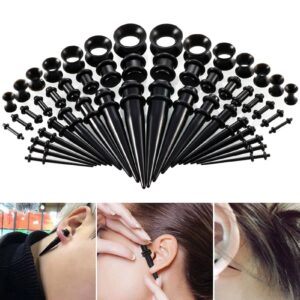 50 Pieces Ear Stretching Kit 14G-00G, Acrylic Tapers Plugs and Silicone Tunnels, Ear Gauges Expander Set Body Piercing Jewelry for Women Men Christmas Birthday Gifts Black