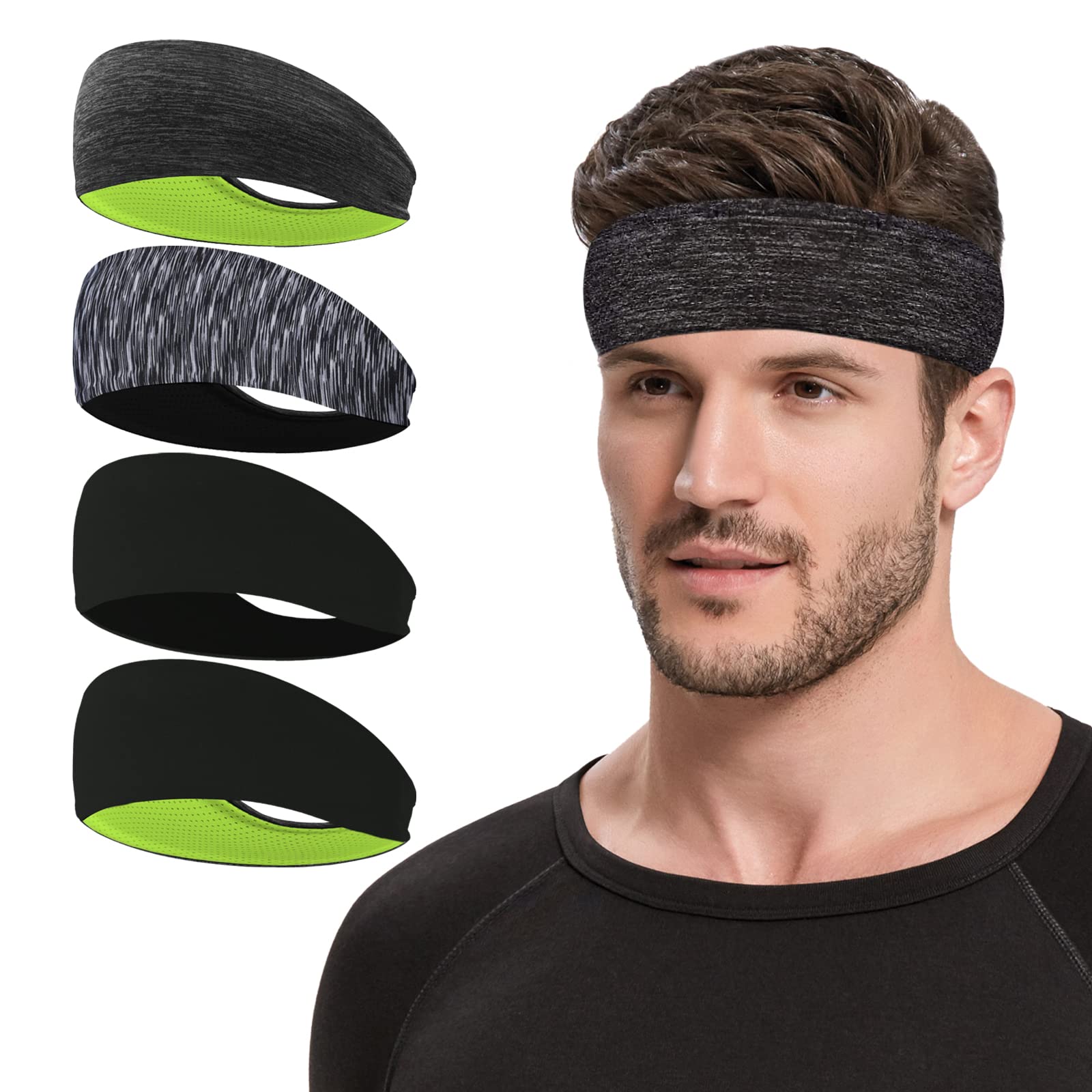 Sweat Bands Headbands for Men Women, Cooling Headband Pack of 4 Workout Sweatbands Moisture Wicking Absorbent Head Bands, Stretch No Slip Men's Headbands for Yoga Running Sports Hiking