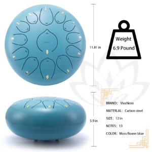 VixxNoxx Steel Tongue Drum, 12 Inch 13 Note Rain Drum for Outside Garden, Chakra Tank Drum Rain Chime, Handpan C Key Musical Percussion Instrument Kit with Bag Mallets (Moss Blue)