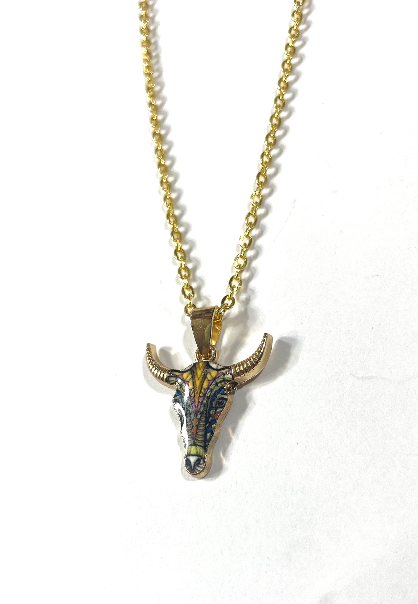 Gold Plated Longhorn Bull Skull Buffalo .75" Pendant, Multi Color Enamel, Gift Boxed