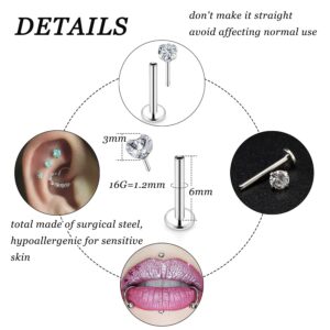 16G Threadless Push in Lip Rings Stainless Steel Labret Jewelry Monroe Lip Rings Nail Cartilage Tragus Helix Earrings Studs Nose Ring Medusa Piercing Jewelry For Women Men 3MM CZ Opal 6MM Length