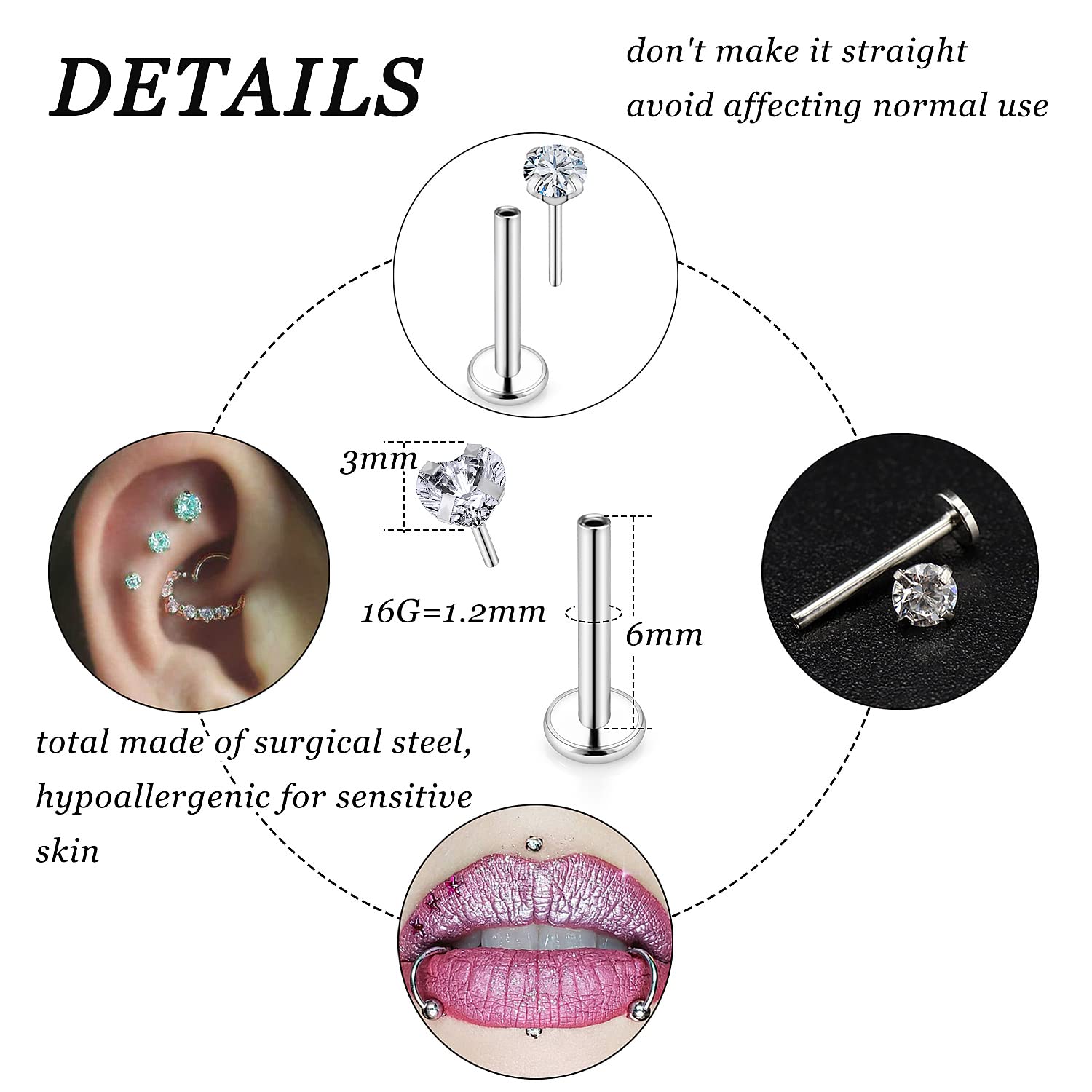 16G Threadless Push in Lip Rings Stainless Steel Labret Jewelry Monroe Lip Rings Nail Cartilage Tragus Helix Earrings Studs Nose Ring Medusa Piercing Jewelry For Women Men 3MM CZ Opal 6MM Length