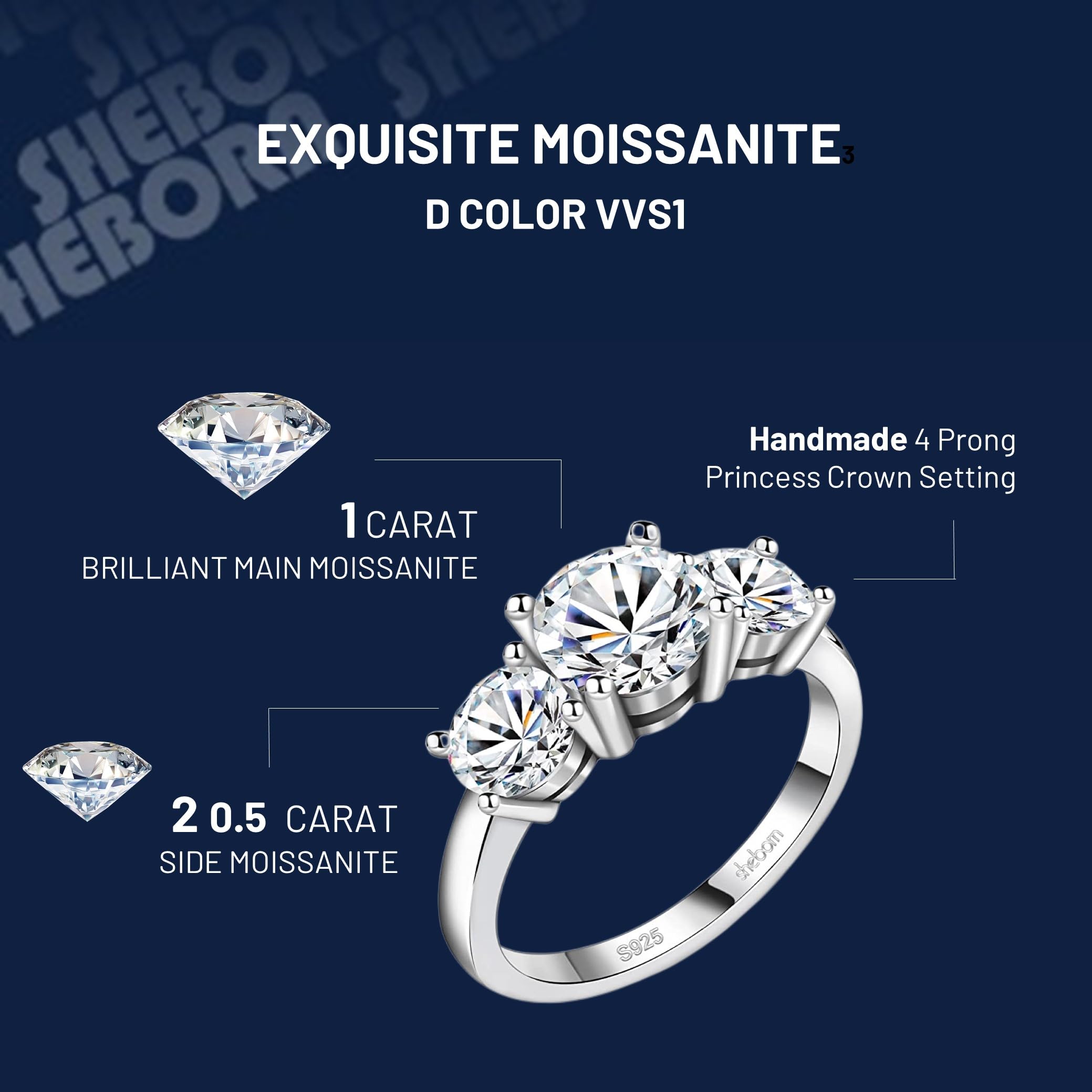 sheborn 2 ct Moissanite Rings for Women 3 Stone Band Engagement Ring 925 Sterling Silver 18K White Gold Plated Ring D Color VVS1 Round Cut Anniversary Wedding/Promise Ring for Her