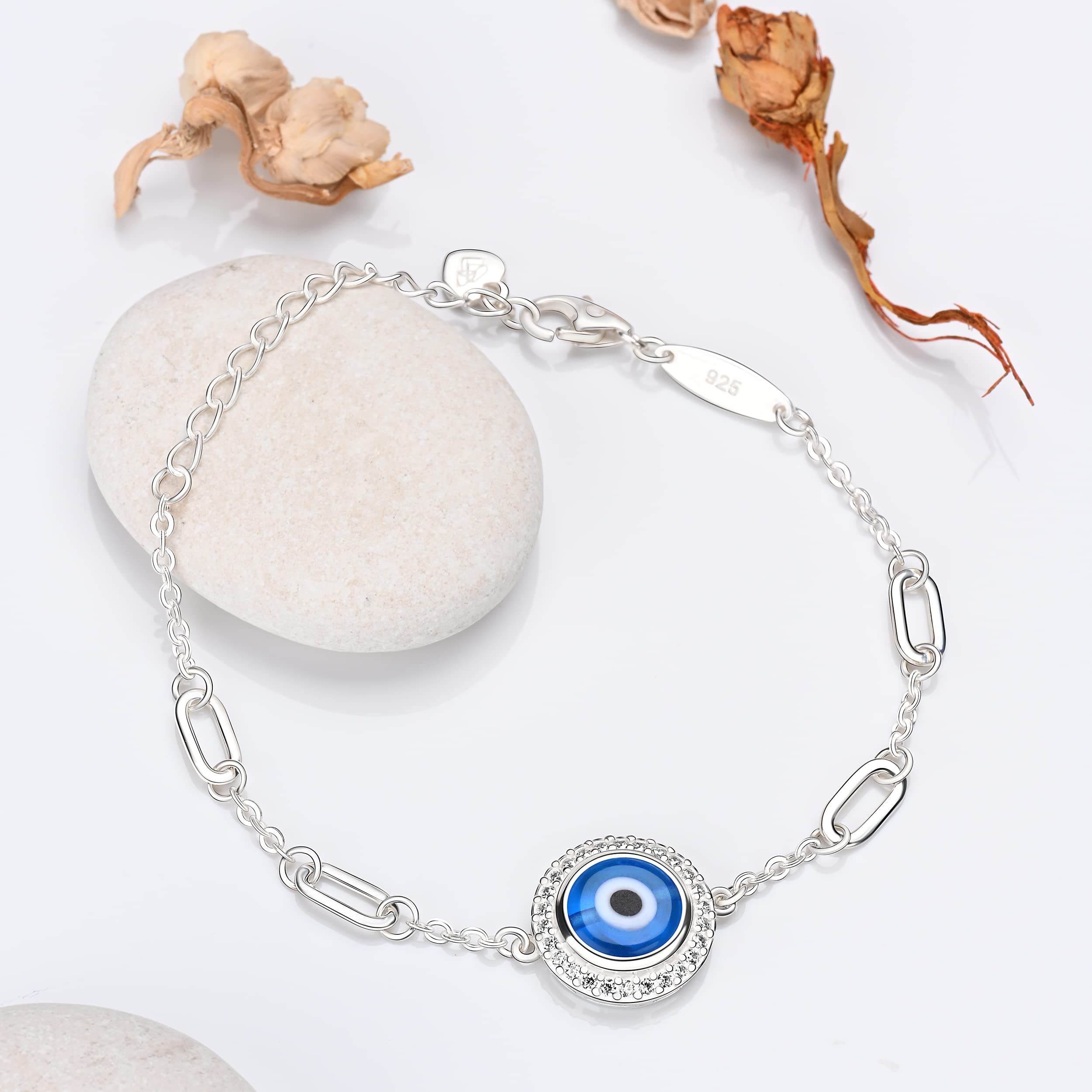 ELEGANZIA Greek Evil Eye Bracelet Turkey Sterling Silver, CZ Third Eye Bracelet for Women Men, Link Bracelet Amulet for Teen Adjustable 6.5" - 8"