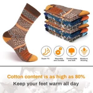 Luckit 6 Pack Wool Socks for Men Women, Warm Cotton Socks Winter Cabin Socks, Vintage Fall Patterned Socks Unisex Knit Socks (Retro puzzle)