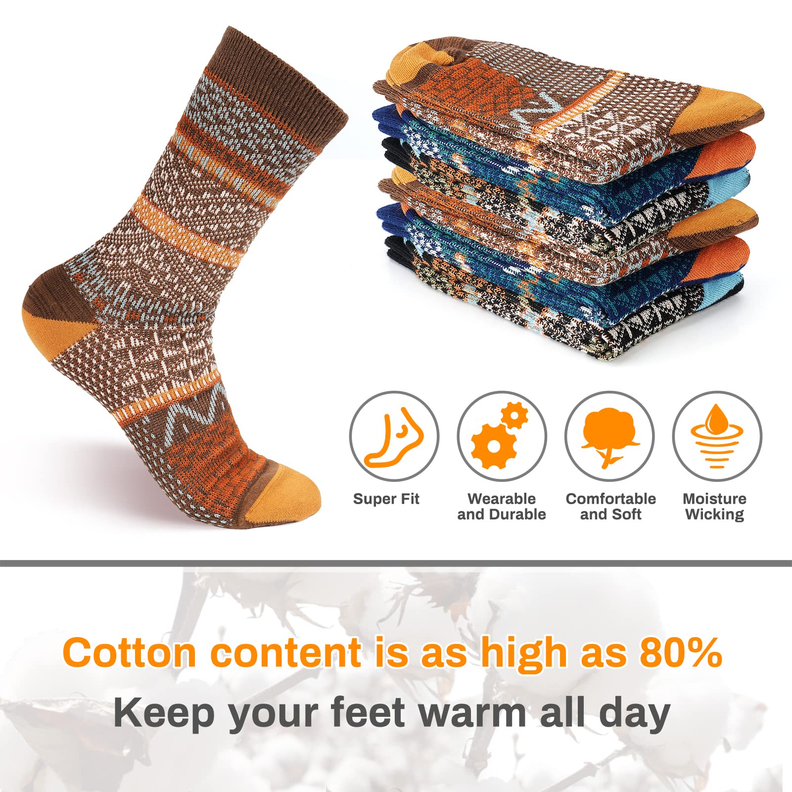 Luckit 6 Pack Wool Socks for Men Women, Warm Cotton Socks Winter Cabin Socks, Vintage Fall Patterned Socks Unisex Knit Socks (Retro puzzle)