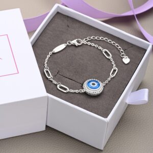 ELEGANZIA Greek Evil Eye Bracelet Turkey Sterling Silver, CZ Third Eye Bracelet for Women Men, Link Bracelet Amulet for Teen Adjustable 6.5" - 8"