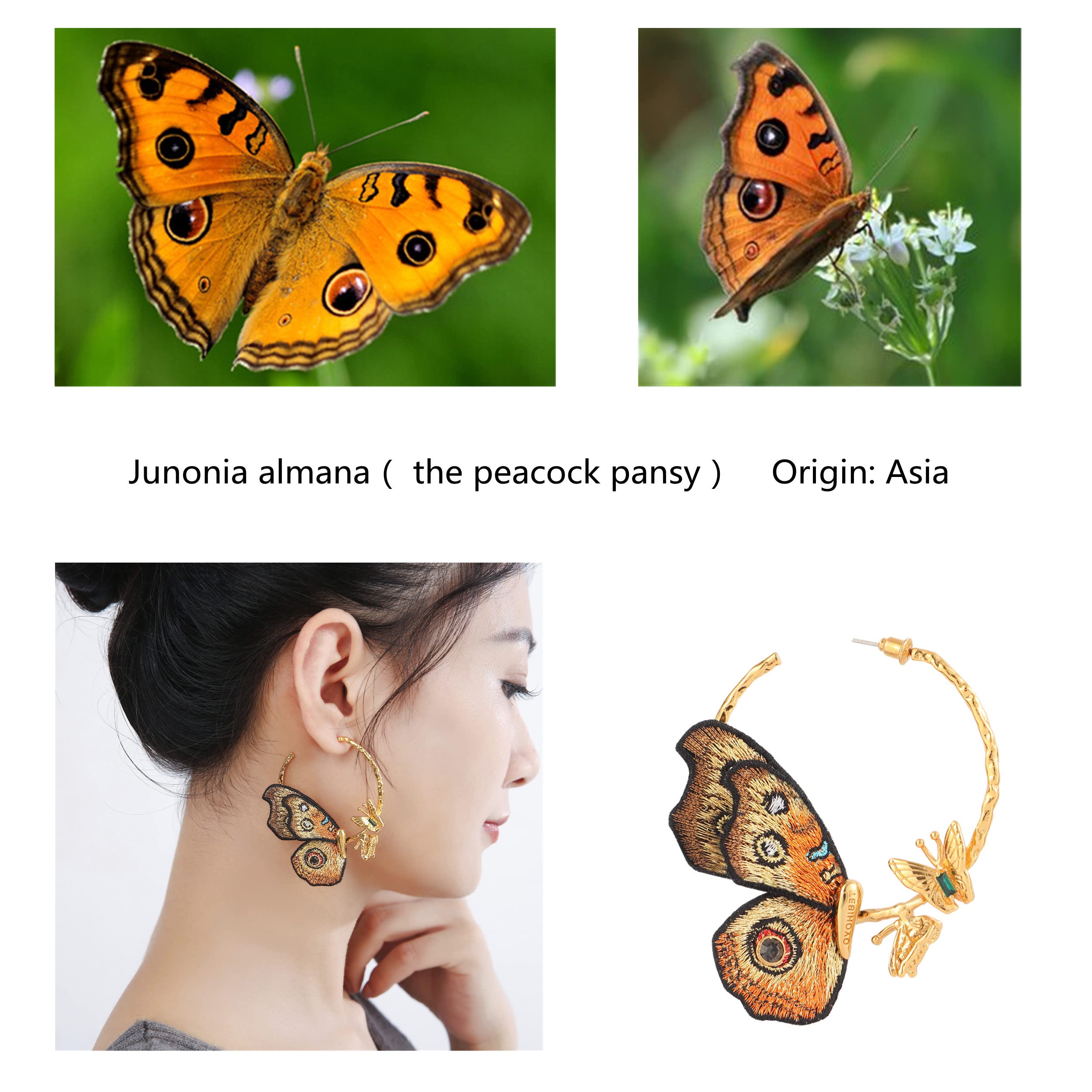 TEBIHOYO Butterfly Earrings, Gold Hoop Earrings Butterfly Wings Gifts, 24K Real Gold Plated Embroidery Hand, Fashion Hypoallergenic Earrings for Women teen girls (Junonia almanac)