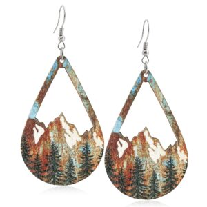 handmade bohemian colorful vintage nature wooden mountain dangle drop earrings boho lightweight wood hollow teardrop hook earring with tree pattern for women outdoor enthusiast jewelry gifts (red)