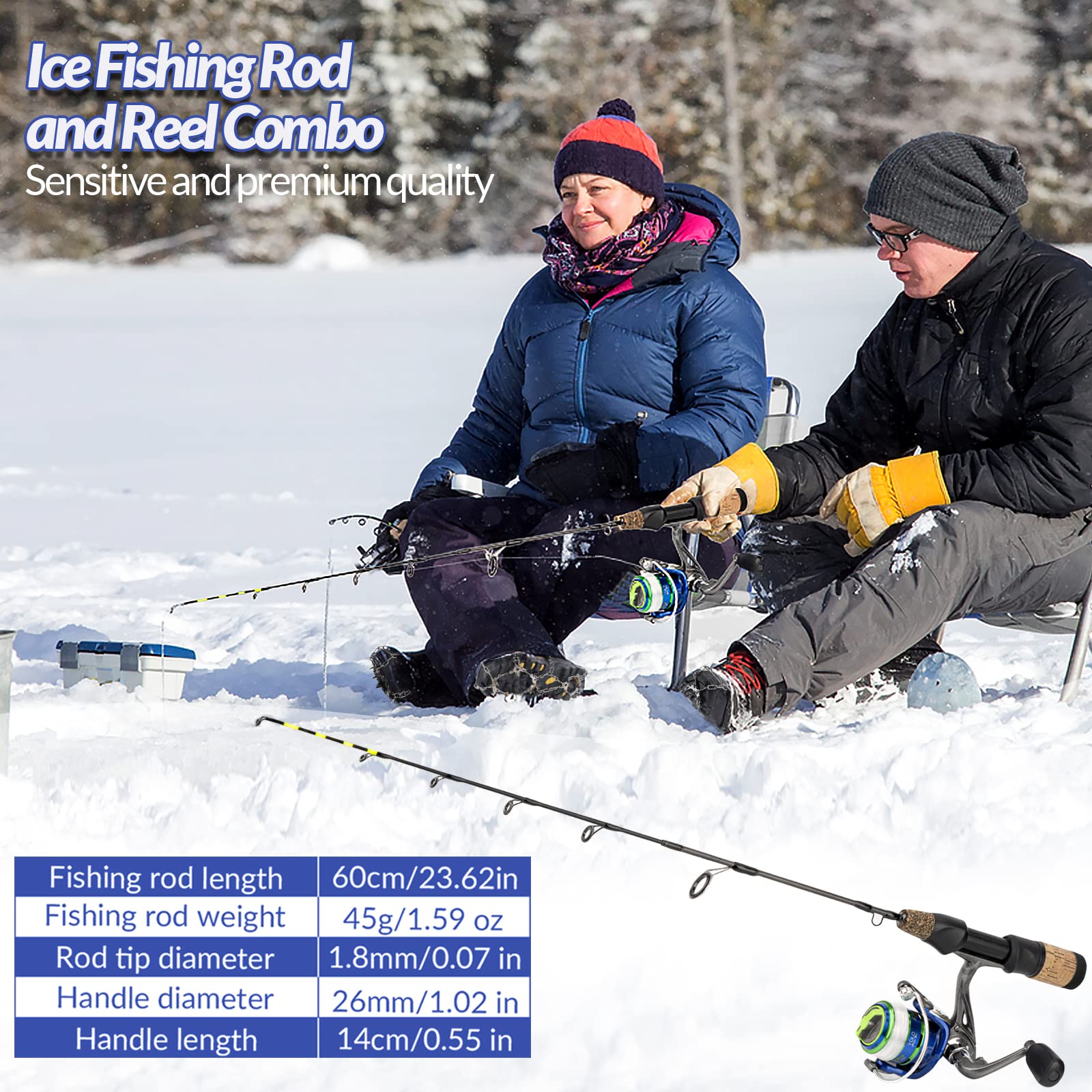 QualyQualy Ice Fishing Rod Reel Combo Complete Set Ice Fishing Gear with Backpack Seat Ice Cleats Ice Fishing Jigs Line Full Ice Fishing Kit