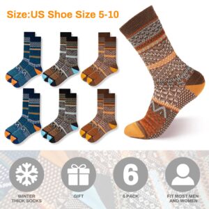 Luckit 6 Pack Wool Socks for Men Women, Warm Cotton Socks Winter Cabin Socks, Vintage Fall Patterned Socks Unisex Knit Socks (Retro puzzle)