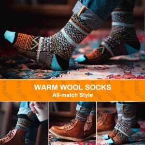 Luckit 6 Pack Wool Socks for Men Women, Warm Cotton Socks Winter Cabin Socks, Vintage Fall Patterned Socks Unisex Knit Socks (Retro puzzle)