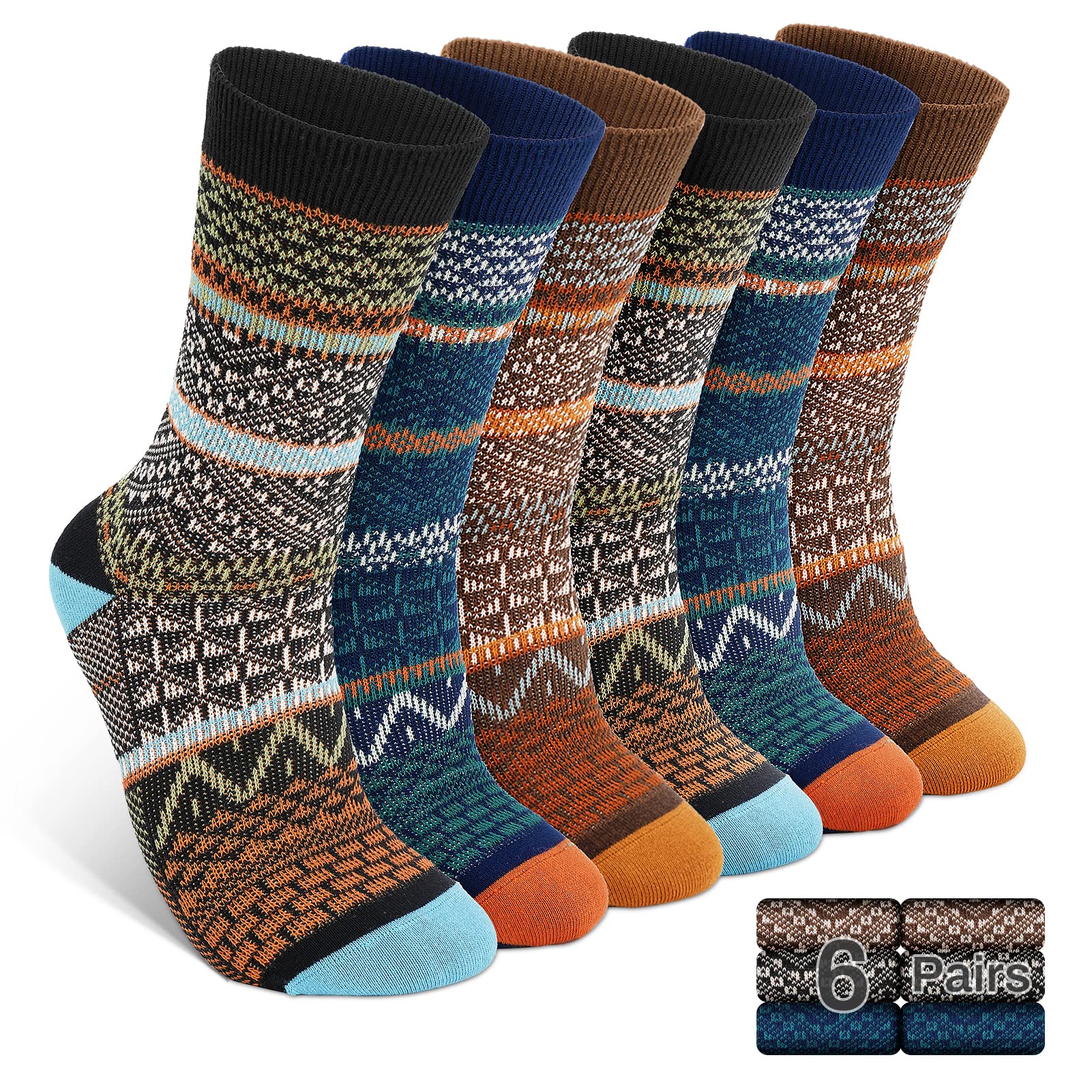 Luckit 6 Pack Wool Socks for Men Women, Warm Cotton Socks Winter Cabin Socks, Vintage Fall Patterned Socks Unisex Knit Socks (Retro puzzle)