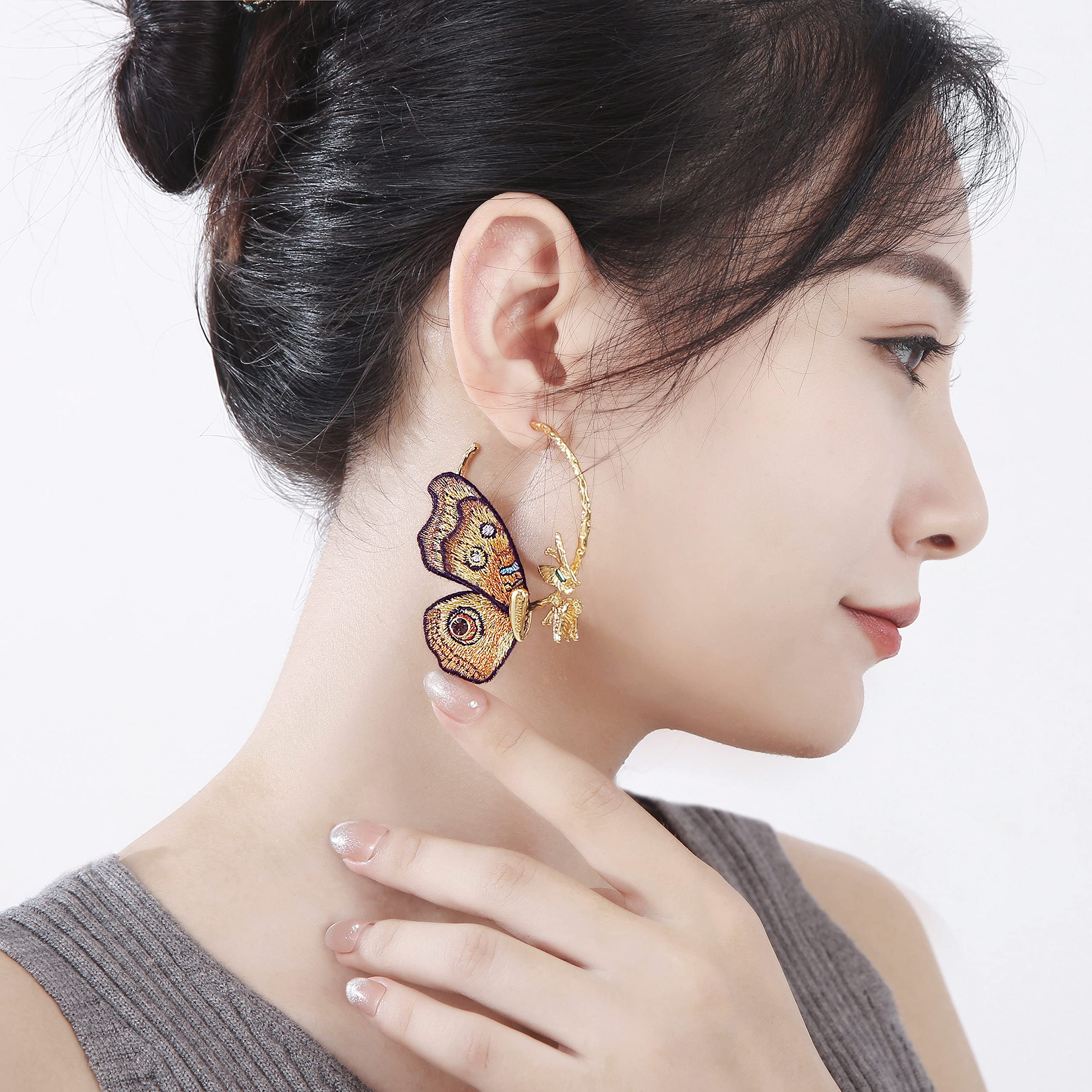 TEBIHOYO Butterfly Earrings, Gold Hoop Earrings Butterfly Wings Gifts, 24K Real Gold Plated Embroidery Hand, Fashion Hypoallergenic Earrings for Women teen girls (Junonia almanac)