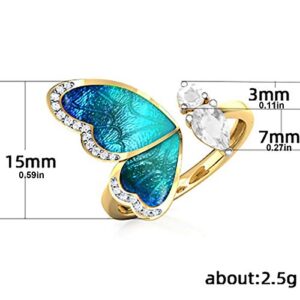 Simulated Diamond Butterfly Ring for Women Inlaid Zircon Statement Ring Elegant Adjustable Opening Ring (Gold, One Size)