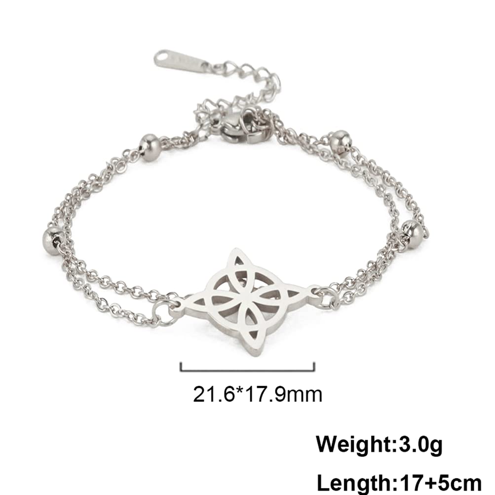 Witches Knot Bracelet For Women Stainless Steel Celtic Knot Wiccan Symbol Layered Bracelet Unique Charm Adjustable Double Layer Bracelet Jewelry Gifts (silver 1, Stainless Steel)