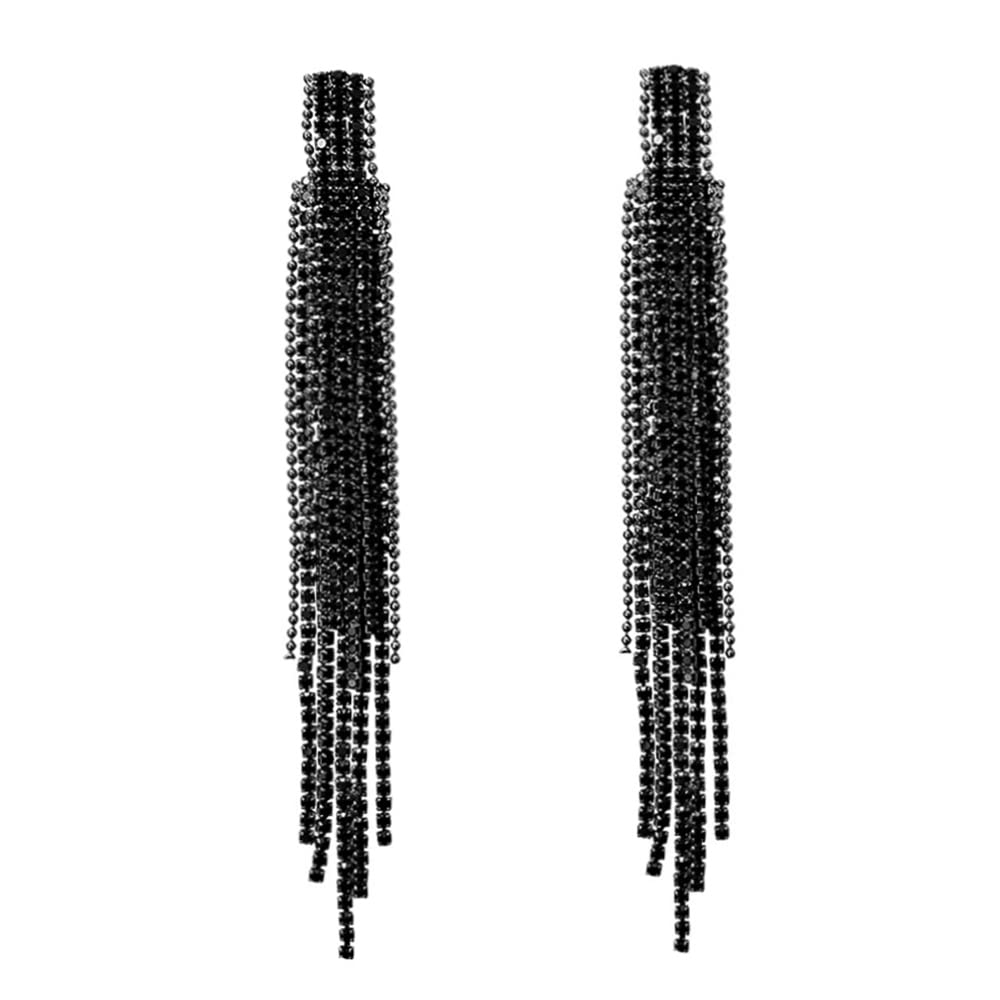 Black Rhinestone Long Tassel Earring.Chandelier Dangle Earrings Statement Crystal Drop Earring Fashion Jewelry Gifts for Women (Style A)