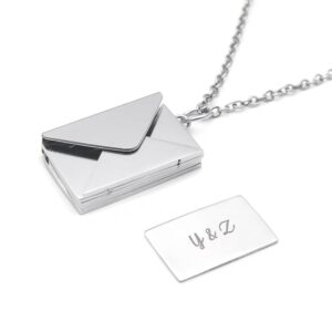 Personalized Envelope Necklace Custom Photo Necklace Collar Chain Pendant Envelope Locket Necklace Engraved Name Jewelry Silver Color