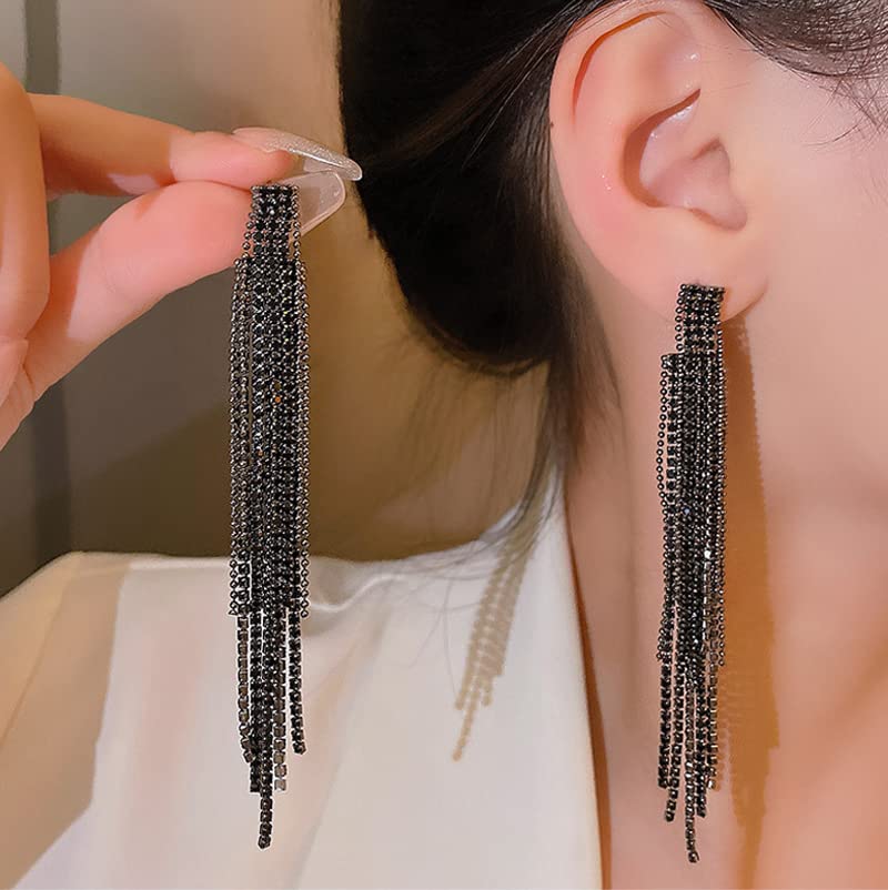 Black Rhinestone Long Tassel Earring.Chandelier Dangle Earrings Statement Crystal Drop Earring Fashion Jewelry Gifts for Women (Style A)