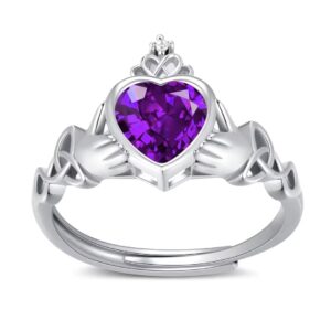 claddagh february amethyst birthstone rings - 925 sterling silver adjustable heart gemstone ring traditional irish wedding band promise eternity bands jewelry for women (with gift box)