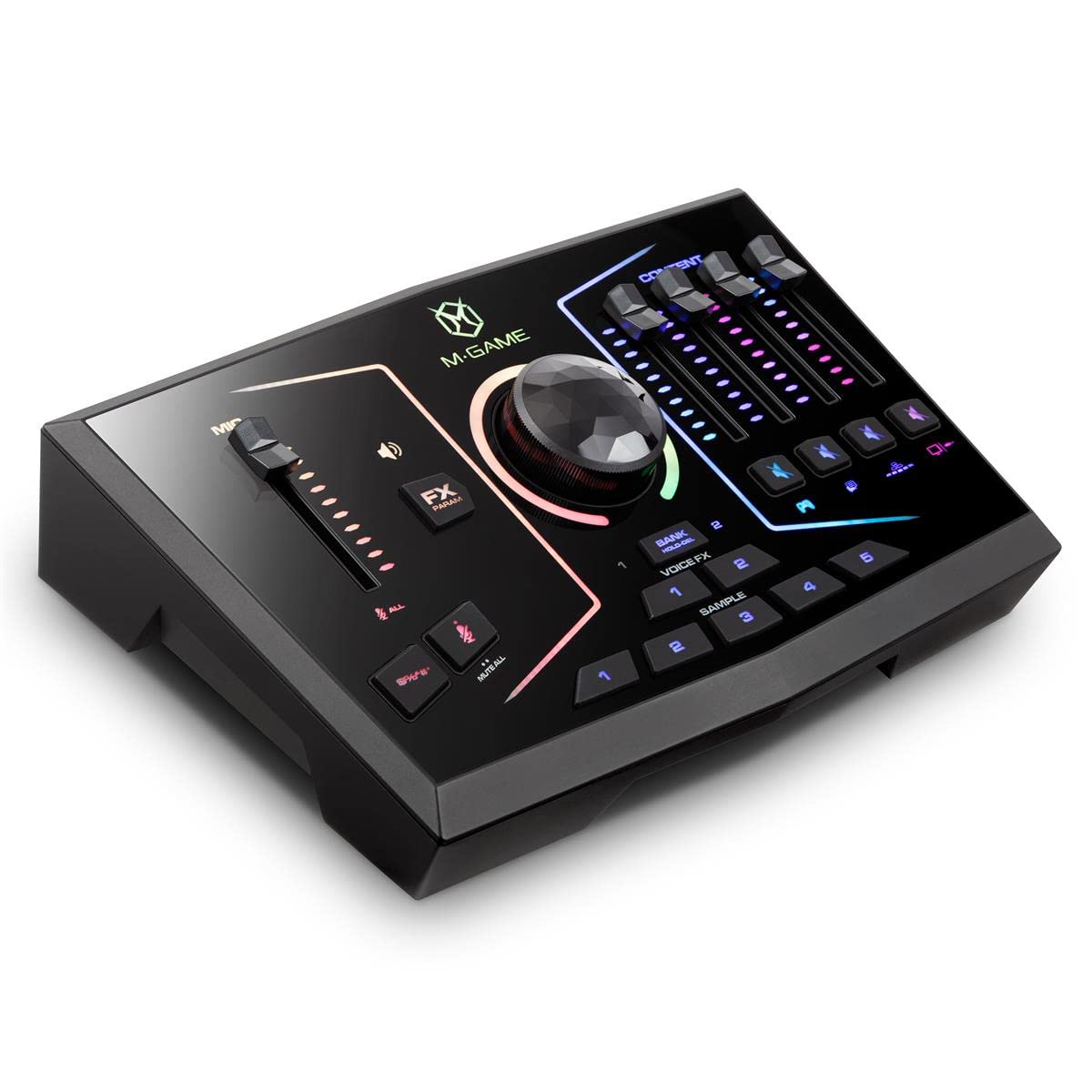 M-Game RGB Dual USB Audio Interface Mixer for Streaming and Gaming with XLR Microphone in, Optical in, Voice FX, Sampler, RGB Lights and Software