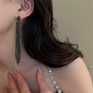 Black Rhinestone Long Tassel Earring.Chandelier Dangle Earrings Statement Crystal Drop Earring Fashion Jewelry Gifts for Women (Style A)