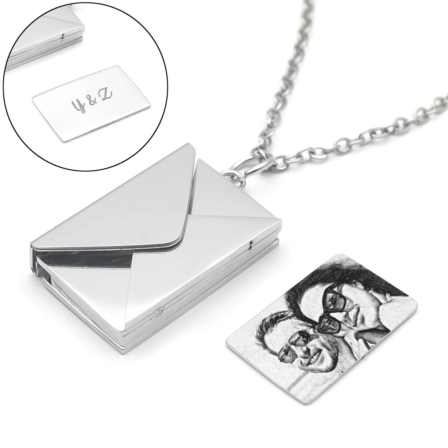 Personalized Envelope Necklace Custom Photo Necklace Collar Chain Pendant Envelope Locket Necklace Engraved Name Jewelry Silver Color