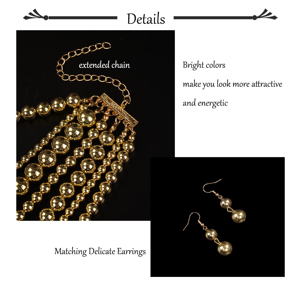 Chmier Multi-Layered Simulated Faux Pearl Strand Necklace and Earrings Set Gold Long Chunky Stacked Choker for Women