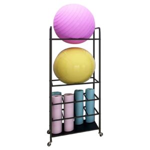 zaqycm space saving yoga mat holder, home gym accessories organizer cart for workout mats/yoga balls/foam rollers/half balance ball/small carpet (color : black)