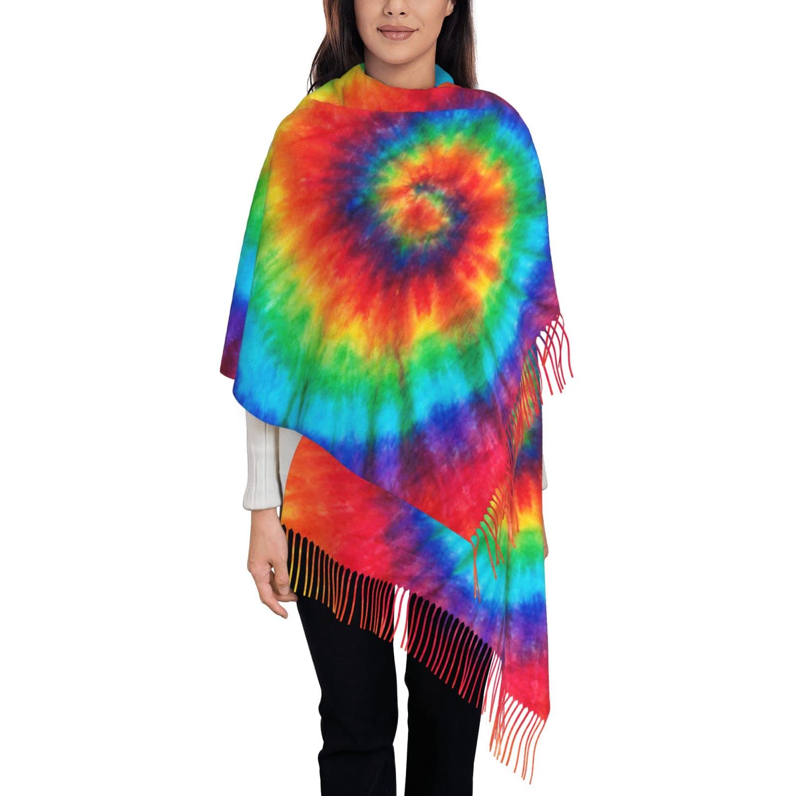 FATTTYCY Spiral Rainbow Tie Dye Soft Blanket Scarf Long Warm Shawl Wraps Cashmere Fringe Scarfs For Women